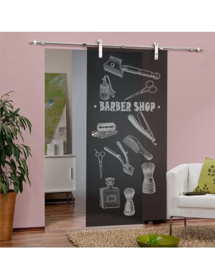 Glasschiebetür PIPE-LINE Barber Shop Gelasert Auf Grauglas
