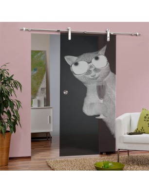 Glasschiebetür PIPE-LINE Drinking Cat Gelasert Auf Grauglas