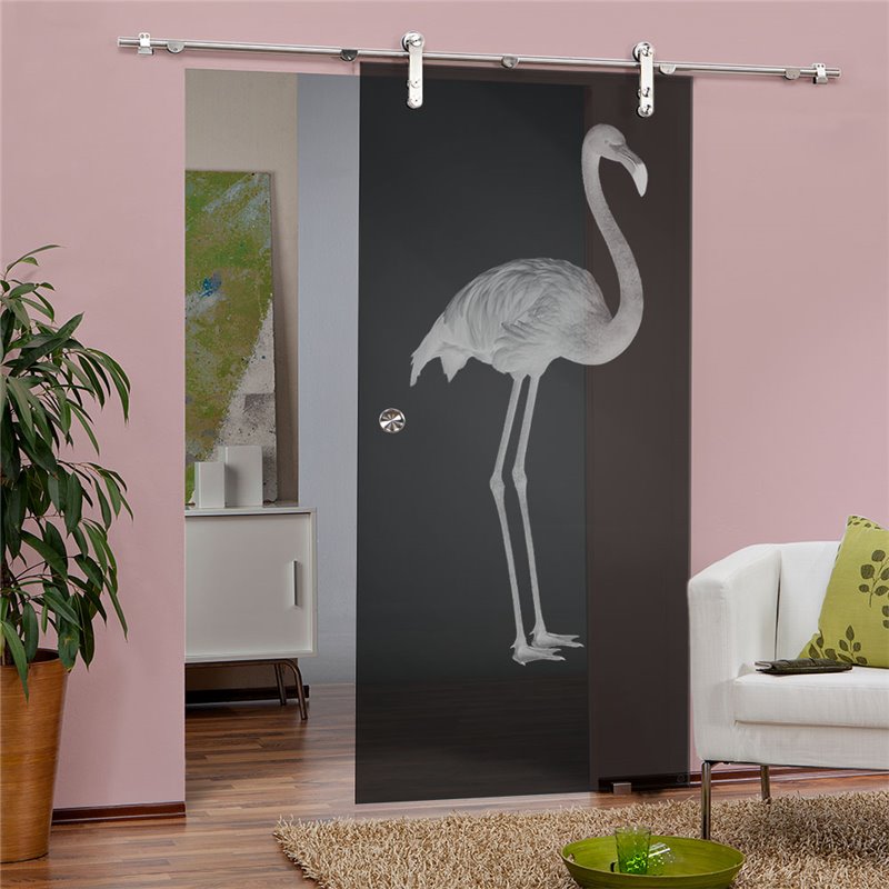 Glasschiebetür PIPE-LINE Flamingo Gelasert Auf Grauglas