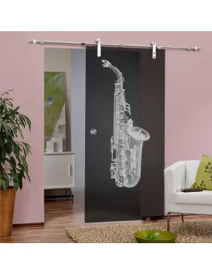 Glasschiebetür PIPE-LINE Saksofon Gelasert Auf Grauglas
