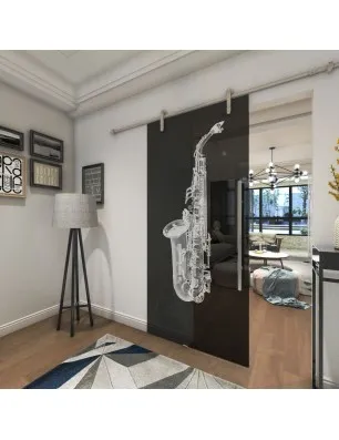 Glasschiebetür PIPE-LINE Saksofon Gelasert Auf Grauglas