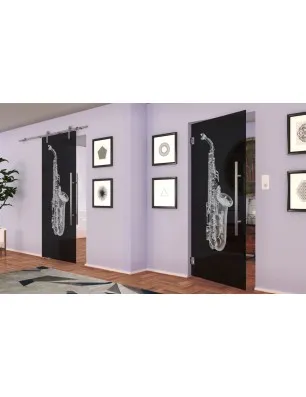 Glasschiebetür PIPE-LINE Saksofon Gelasert Auf Grauglas