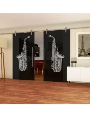 Glasschiebetür PIPE-LINE Saksofon Gelasert Auf Grauglas