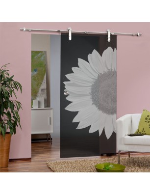 Glasschiebetür PIPE-LINE Sonnenblume Gelasert Auf Grauglas