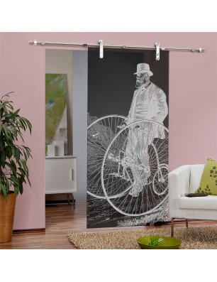 Glasschiebetür PIPE-LINE Vintage Bike Gelasert Auf Grauglas