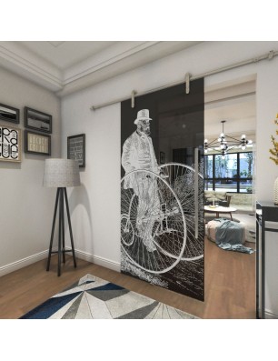 Glasschiebetür PIPE-LINE Vintage Bike Gelasert Auf Grauglas