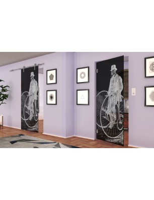 Glasschiebetür PIPE-LINE Vintage Bike Gelasert Auf Grauglas