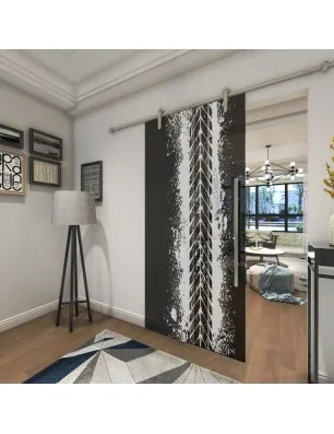 Glasschiebetür PIPE-LINE Abdruck Gelasert Auf Grauglas