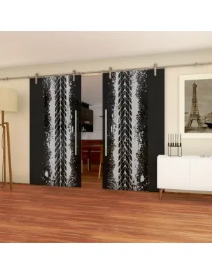 Glasschiebetür PIPE-LINE Abdruck Gelasert Auf Grauglas