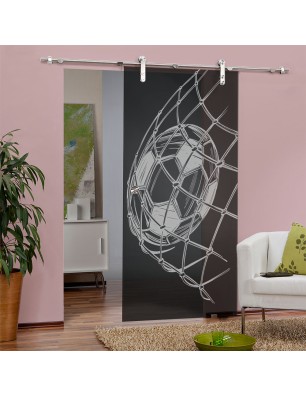 Glasschiebetür PIPE-LINE Fussball Gelasert Auf Grauglas