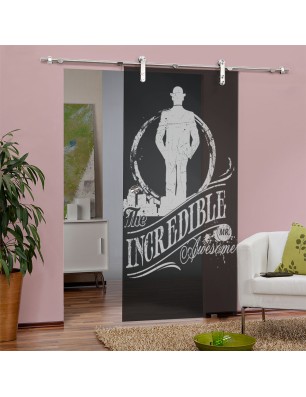 Glasschiebetür PIPE-LINE Mr. Incredible Gelasert Auf Grauglas