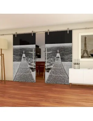 Glasschiebetür PIPE-LINE Steg Gelasert Auf Grauglas