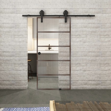 Glasschiebetür BARN-LINE Loft Rosteisen Genietet 01 Auf Klarglas