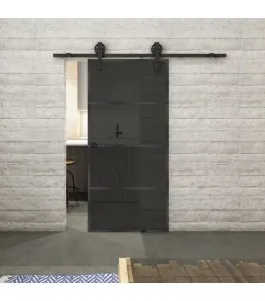 Glasschiebetür BARN-LINE Loft Schwarzeisen Genietet 02 Auf Grauglas