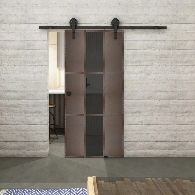Glasschiebetür BARN-LINE Loft Rosteisen Genietet 36 Auf Grauglas Glasschiebetür BARN-LINE Loft Rosteisen Genietet 36 Auf Grauglas