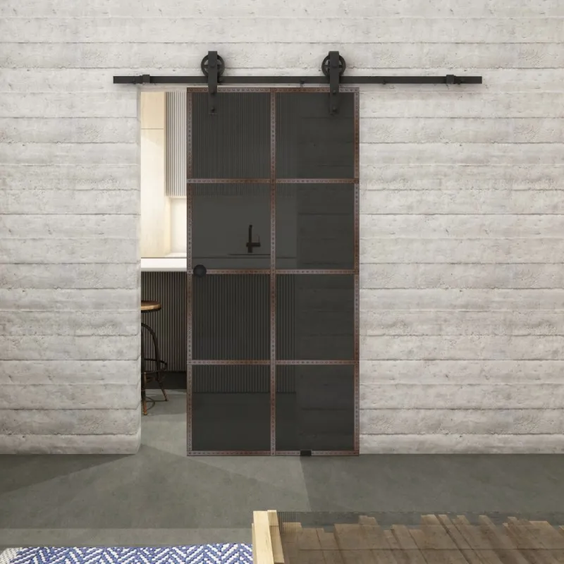 Glasschiebetür BARN-LINE Loft Rosteisen Genietet 06 Auf Grauglas