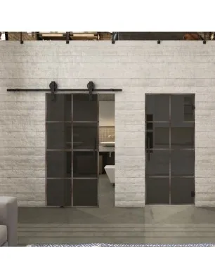 Glasschiebetür BARN-LINE Loft Rosteisen Genietet 06 Auf Grauglas