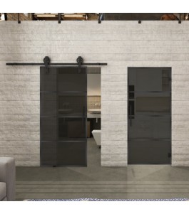 Glasschiebetür BARN-LINE Loft Schwarzeisen Genietet 02 Auf Grauglas