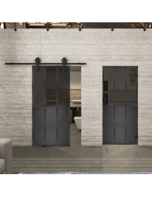 Glasschiebetür BARN-LINE Loft Schwarzeisen Genietet 24 Auf Grauglas