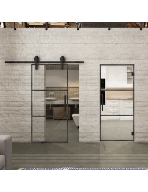 Glasschiebetür BARN-LINE Loft Schwarzeisen Genietet 03 Auf Klarglas