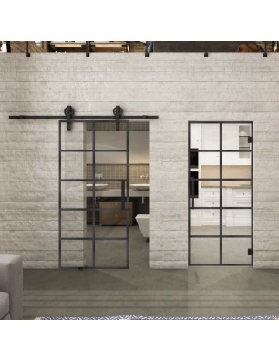 Glasschiebetür BARN-LINE Loft Schwarzeisen Genietet 05 Auf Klarglas