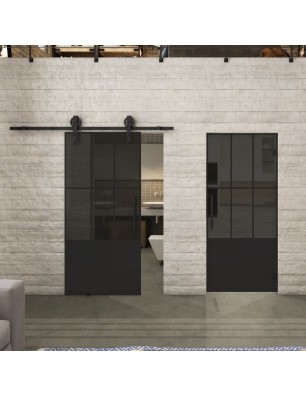Pendeltür Loft Schwarzlack 03 Auf Grauglas-modernes Zuhause