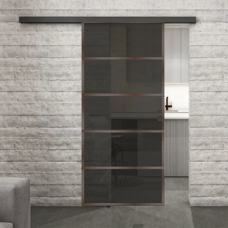 Glasschiebetür BLACK-LINE Loft Rosteisen Genietet 01 Auf Grauglas