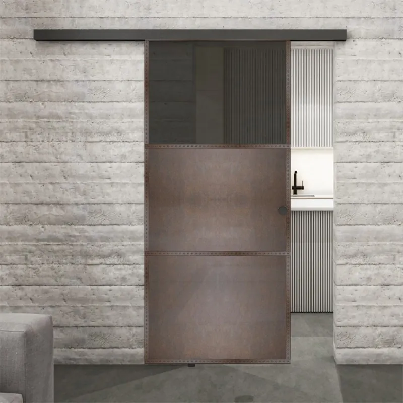 Glasschiebetür BLACK-LINE Loft Rosteisen Genietet 15 Auf Grauglas
