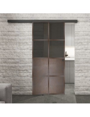 Glasschiebetür BLACK-LINE Loft Rosteisen Genietet 18 Auf Grauglas