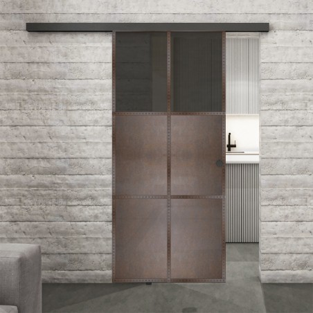 Glasschiebetür BLACK-LINE Loft Rosteisen Genietet 19 Auf Grauglas