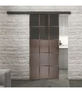 Glasschiebetür BLACK-LINE Loft Rosteisen Genietet 21 Auf Grauglas