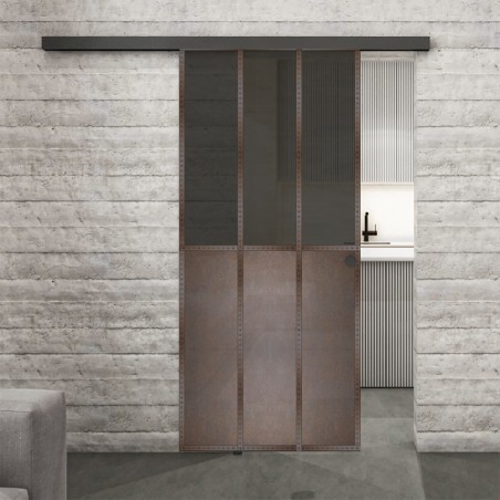 Glasschiebetür BLACK-LINE Loft Rosteisen Genietet 24 Auf Grauglas