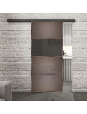 Glasschiebetür BLACK-LINE Loft Rosteisen Genietet 26 Auf Grauglas