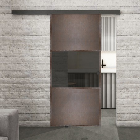 Glasschiebetür BLACK-LINE Loft Rosteisen Genietet 27 Auf Grauglas