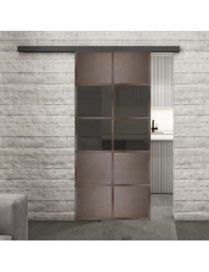 Glasschiebetür BLACK-LINE Loft Rosteisen Genietet 28 Auf Grauglas