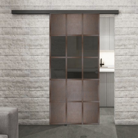 Glasschiebetür BLACK-LINE Loft Rosteisen Genietet 31 Auf Grauglas