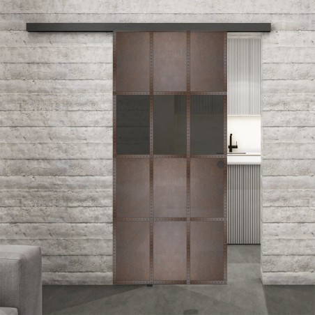 Glasschiebetür BLACK-LINE Loft Rosteisen Genietet 32 Auf Grauglas