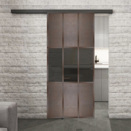 Glasschiebetür BLACK-LINE Loft Rosteisen Genietet 33 Auf Grauglas