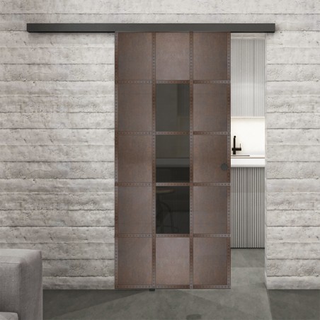 Glasschiebetür BLACK-LINE Loft Rosteisen Genietet 34 Auf Grauglas
