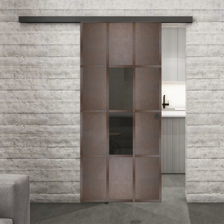 Glasschiebetür BLACK-LINE Loft Rosteisen Genietet 35 Auf Grauglas