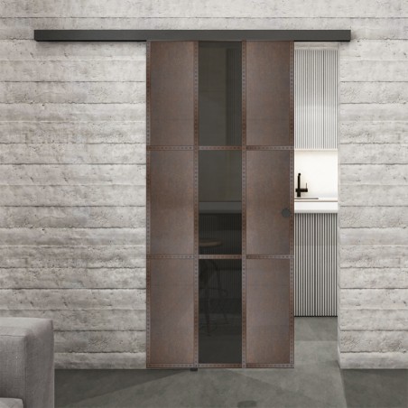 Glasschiebetür BLACK-LINE Loft Rosteisen Genietet 36 Auf Grauglas