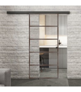 Glasschiebetür BLACK-LINE Loft Rosteisen Genietet 01 Auf Klarglas