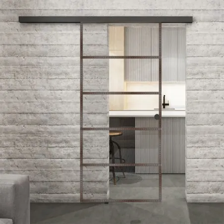 Glasschiebetür BLACK-LINE Loft Rosteisen Genietet 01 Auf Klarglas