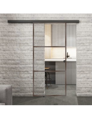 Glasschiebetür BLACK-LINE Loft Rosteisen Genietet 03 Auf Klarglas