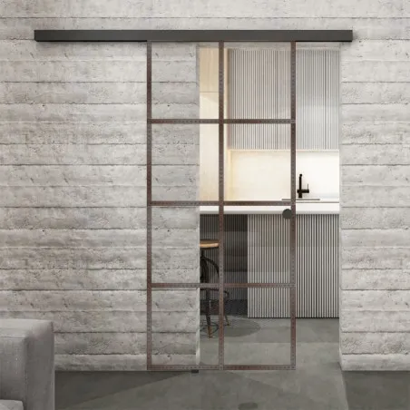 Glasschiebetür BLACK-LINE Loft Rosteisen Genietet 06 Auf Klarglas