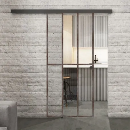 Glasschiebetür BLACK-LINE Loft Rosteisen Genietet 12 Auf Klarglas