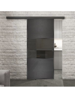 Glasschiebetür BLACK-LINE Loft Schwarzeisen Genietet 27 Auf Grauglas