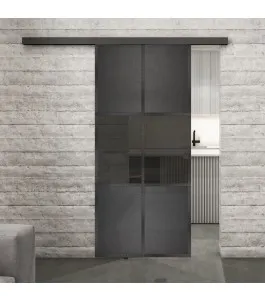 Glasschiebetür BLACK-LINE Loft Schwarzeisen Genietet 30 Auf Grauglas