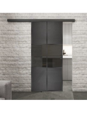 Glasschiebetür BLACK-LINE Loft Schwarzeisen Genietet 30 Auf Grauglas