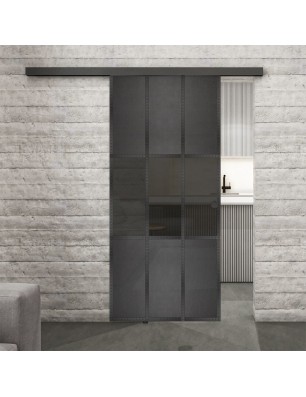 Glasschiebetür BLACK-LINE Loft Schwarzeisen Genietet 33 Auf Grauglas